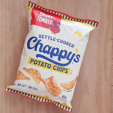 Kettle cooked crisp Chappys Chips Potato Chips Australian owned and made vegan friendly gluten free Brisbane food Smoky Tomato