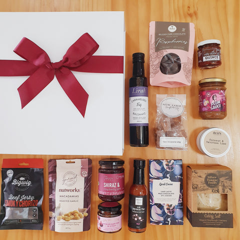 Brisbane Local Hamper Naked Chocolate Lirah Balsamic Saucy Wench Silver Tongue Crackers Nutworks Macadamia Ugly Duck Fruit Paste New Farm Confectionary Local Cocoa Big Wig Jerky On The Side Figs The Larder Store Jame Drift Candles Sabarac Hot Sauce Local Producers Great South East 