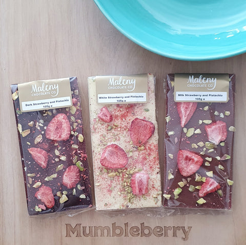 Maleny Chocolate Brisbane Ethical Cocoa Milk Chocolate Dark Chocolate White Chocolate Strawberry and Pistachio Brisbane Gifting Bespoke Hampers 