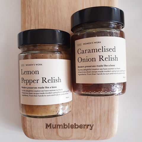 Womens Work Honouring Women Brisbane Women Hand Made Relishes Australian Made Australian Owned Business Lemon Pepper Relish Caramelised Onion Relish 