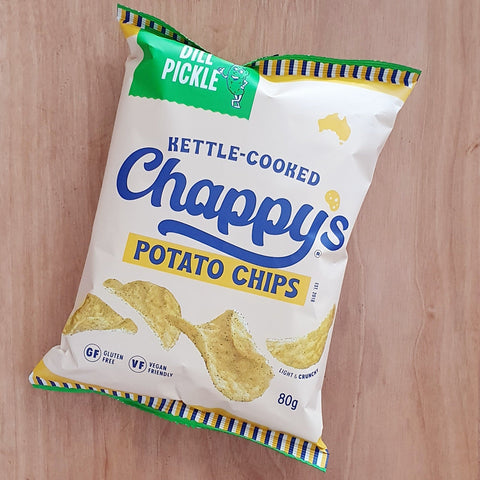 Kettle cooked crisp Chappys Chips Potato Chips Australian owned and made vegan friendly gluten free Brisbane food Dill Pickle