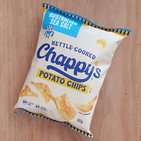 Kettle cooked crisp Chappys Chips Potato Chips Australian owned and made vegan friendly gluten free Brisbane food Australian Sea Salt