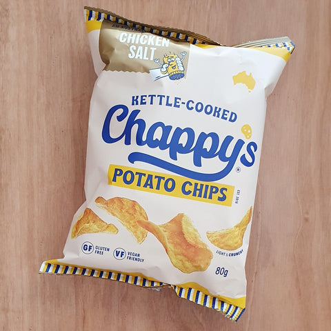 Kettle cooked crisp Chappys Chips Potato Chips Australian owned and made vegan friendly gluten free Brisbane food chicken salt