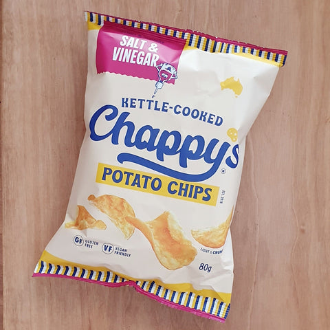 Kettle cooked crisp Chappys Chips Potato Chips Australian owned and made vegan friendly gluten free Brisbane food salt and vinegar